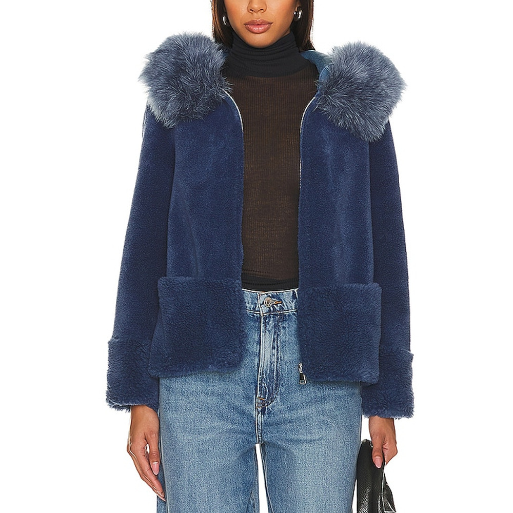 Bubish 'Maya' Blue Sherpa Faux Fur Collar Jacket Size L